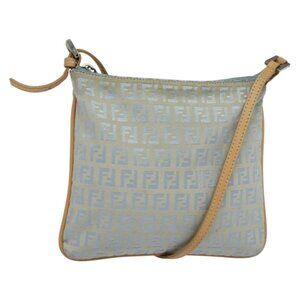 Authentic FENDI Zucchino Canvas Shoulder Bag Light Blue Silver